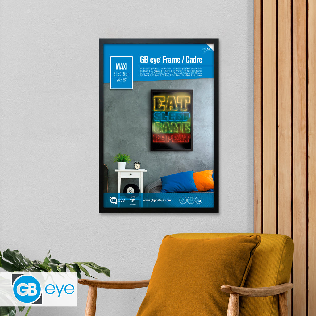 GB eye 24" x 36" Frame, FSC Black Wood Poster Frame, Scratch Proof Glazing, Vertical and Horizontal Wall Mounting, Set of 4