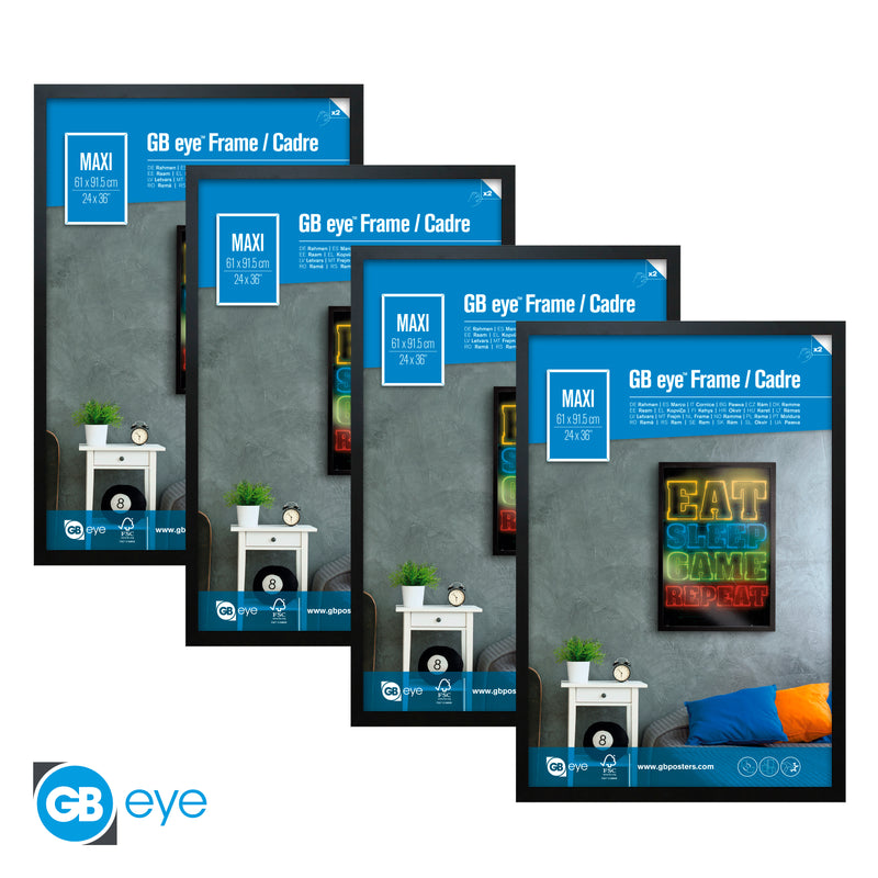 GB eye 24" x 36" Frame, FSC Black Wood Poster Frame, Scratch Proof Glazing, Vertical and Horizontal Wall Mounting, Set of 4