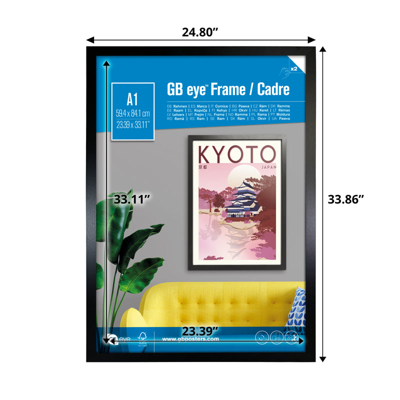 GB eye 33x23 Poster Frame, FSC Certified Black Wood Poster Frame, Scratch Proof Glazing, Vertical and Horizontal Wall Mounting, Set of 4