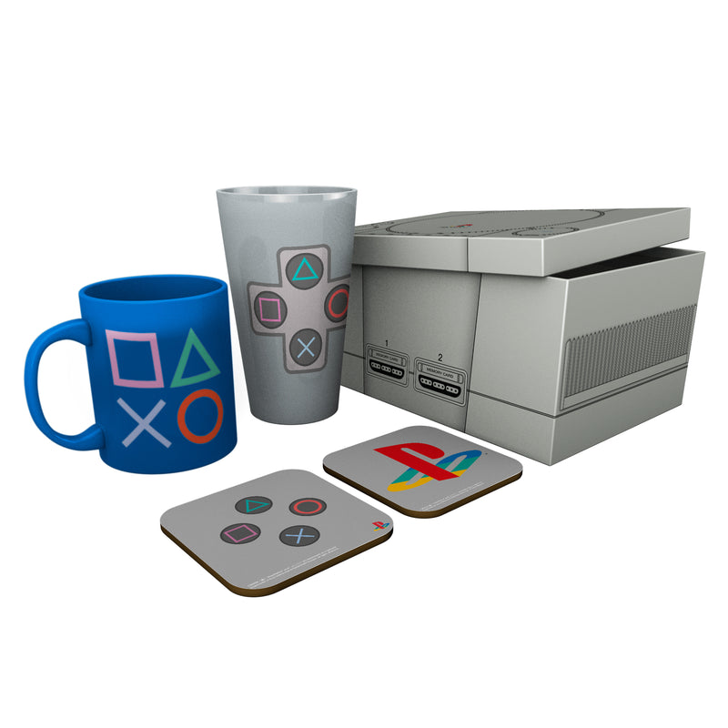 Playstation Premium Gift Set includes (1) Pint Glass, (1) Full Color Mug, (2) Coasters with Exclusive Designs Collectible Gift Box